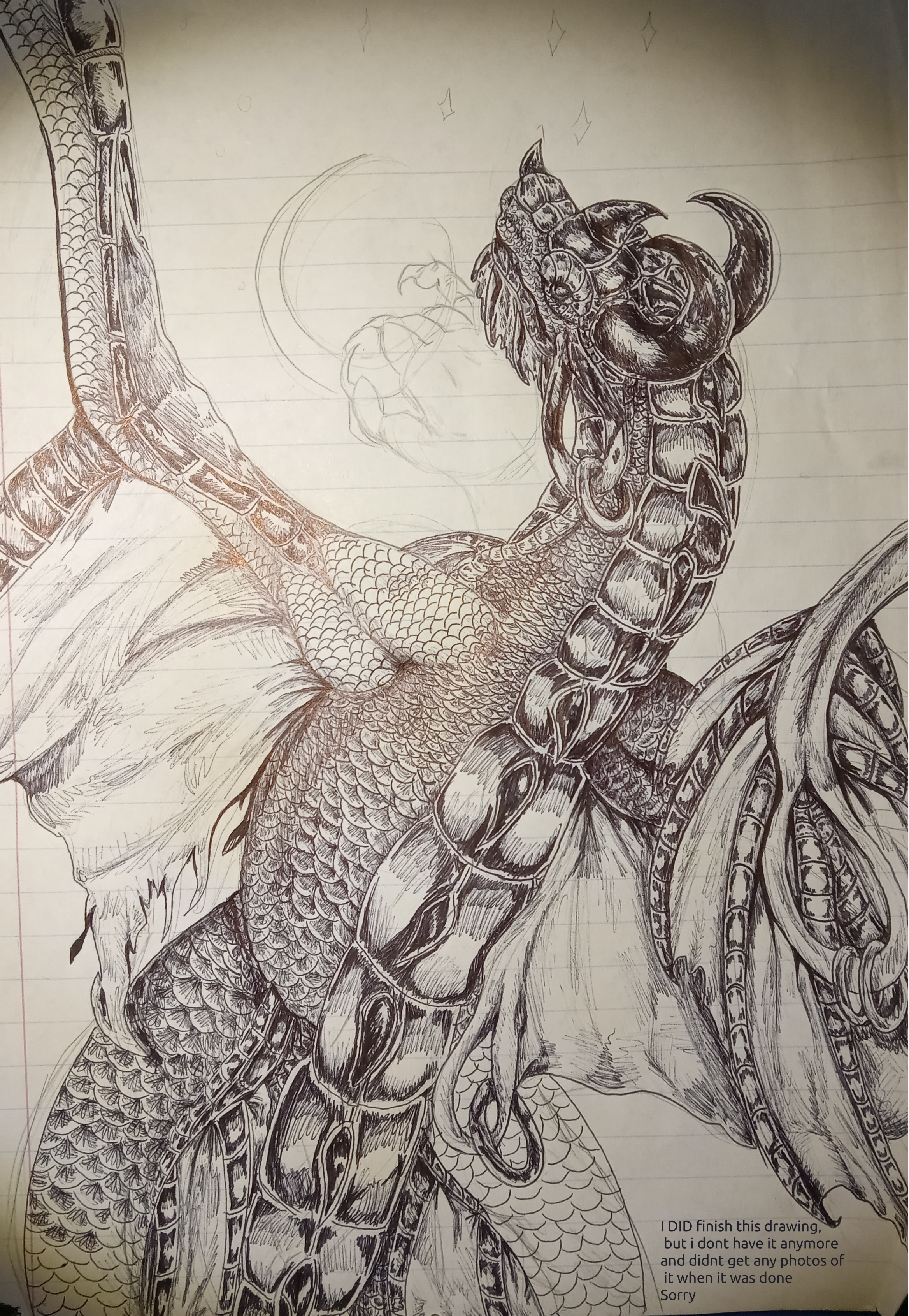 An unfinished portrait of a space dragon holding the moon in her claw, made on lined paper. A note in the corner of the image reads, 'I did finish this drawing, but I don't have it anymore and didn't get any photos of it when it was done. Sorry' 